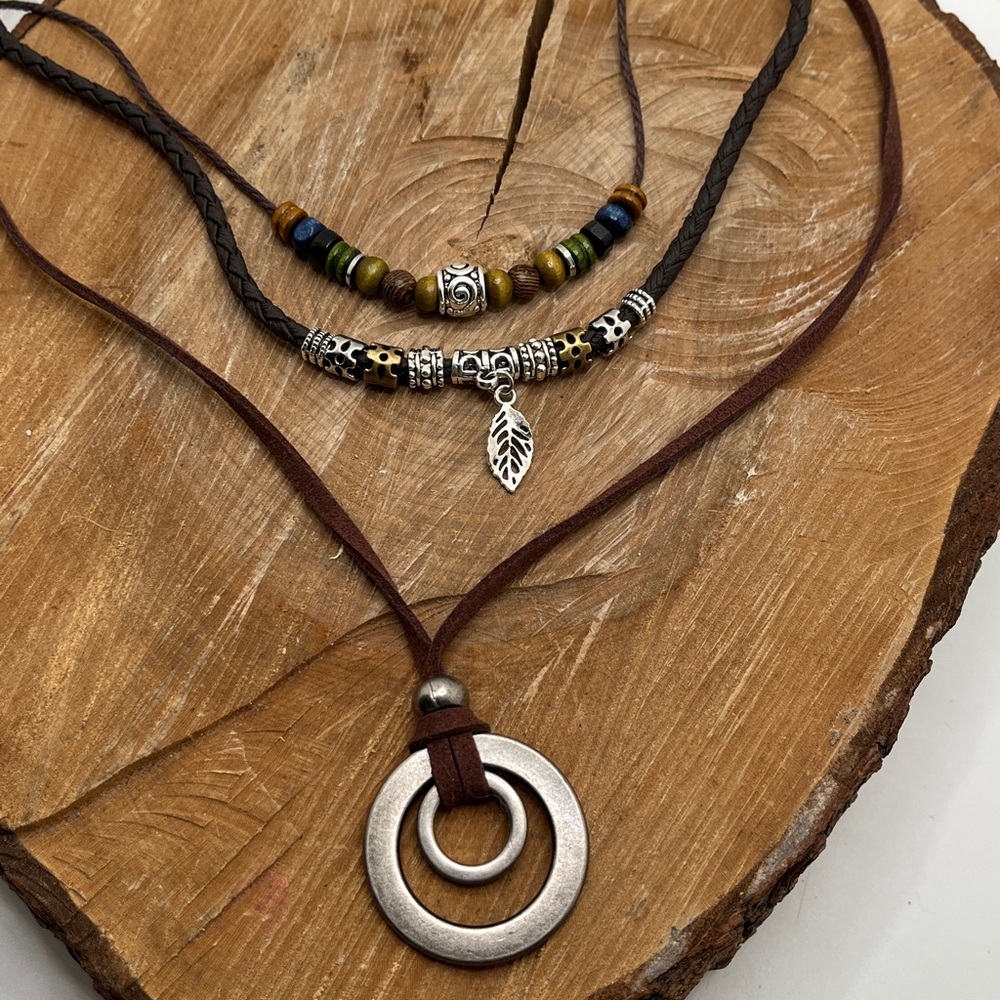Brown  & SilverBeaded Cord Necklace  Feather Pendant +  Long Corded Pendant Boho
